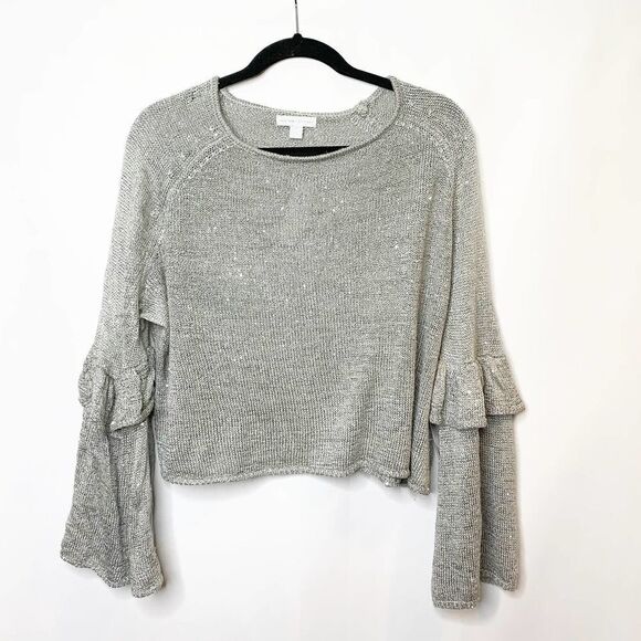 New York and Company Sweater Womens Small Gray Bell Sleeve Sequins Glam - Picture 1 of 7